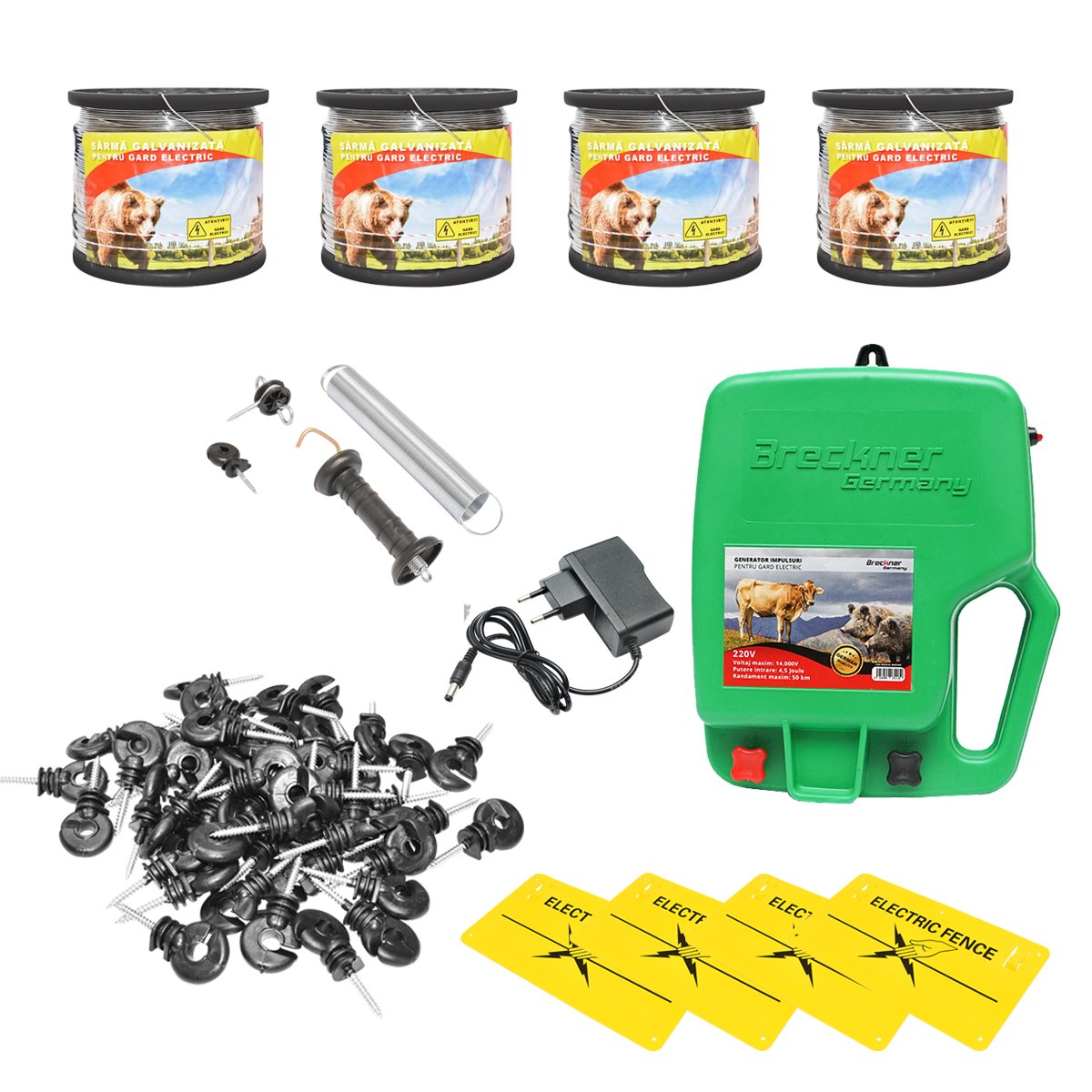 Kit complet gard electric 220V 4,5 Joule, fir sarma 2000m, 100 izolatori, kit poarta, 4 placute avertizare Breckner Germany
